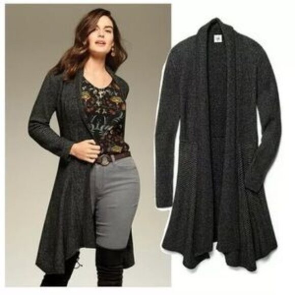 CAbi Cloak Knit Duster Cardigan Sweater Black Marled Open Front Long Size Medium - Picture 1 of 6